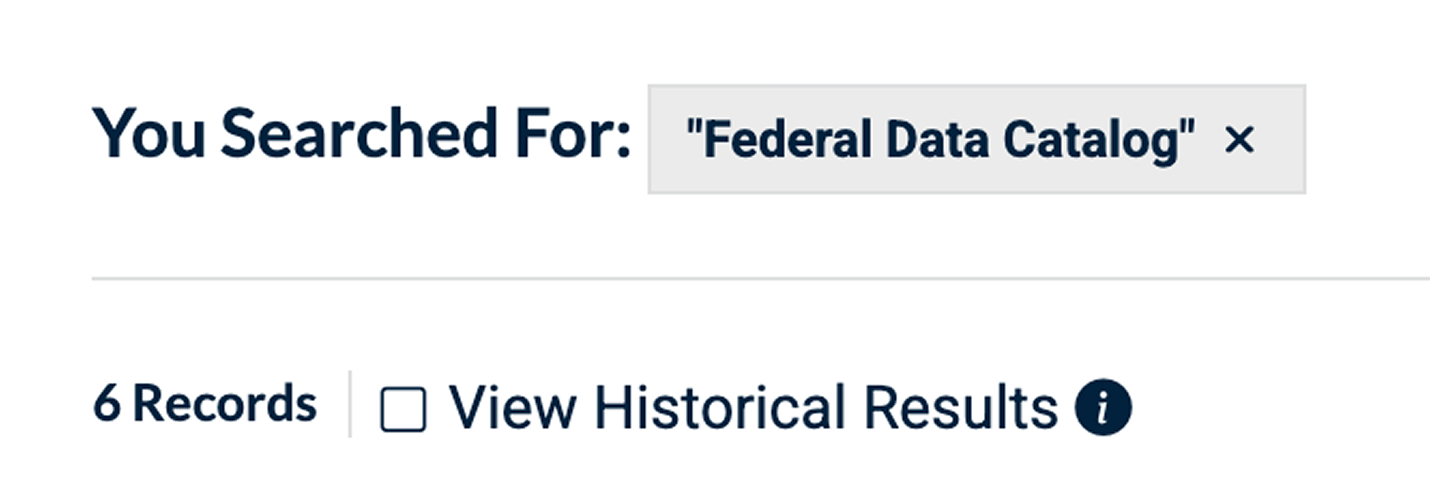 A search result showing only 6 records for the term 'open data' in Congressional testimony.